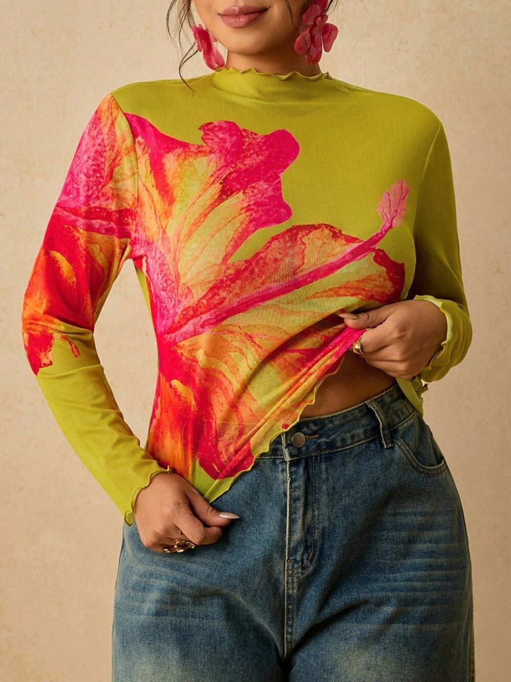 Green Floral Print Casual Women's Plus Size Long Sleeve Base Layer Top - Picture 5 of 7